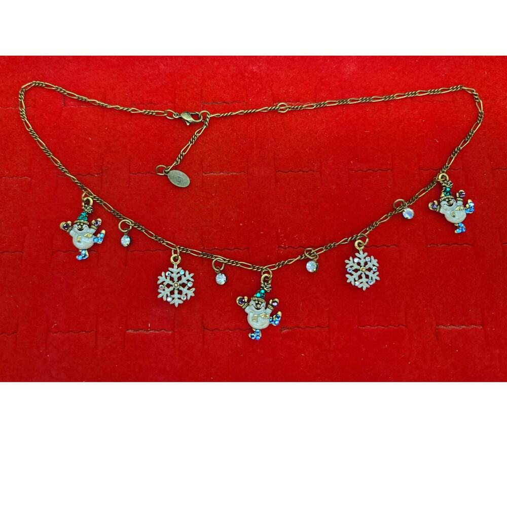 Vintage Anne Koplik Snowman & Snowflake Charm Necklace Antique Gold Tone Chain - Picture 2 of 6